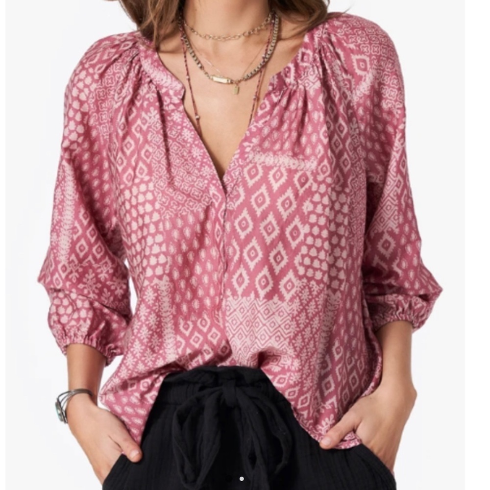Xirena Chloe Long Sleeve V-Neck Silk Cotton Blouse Ink pink Salmon XS